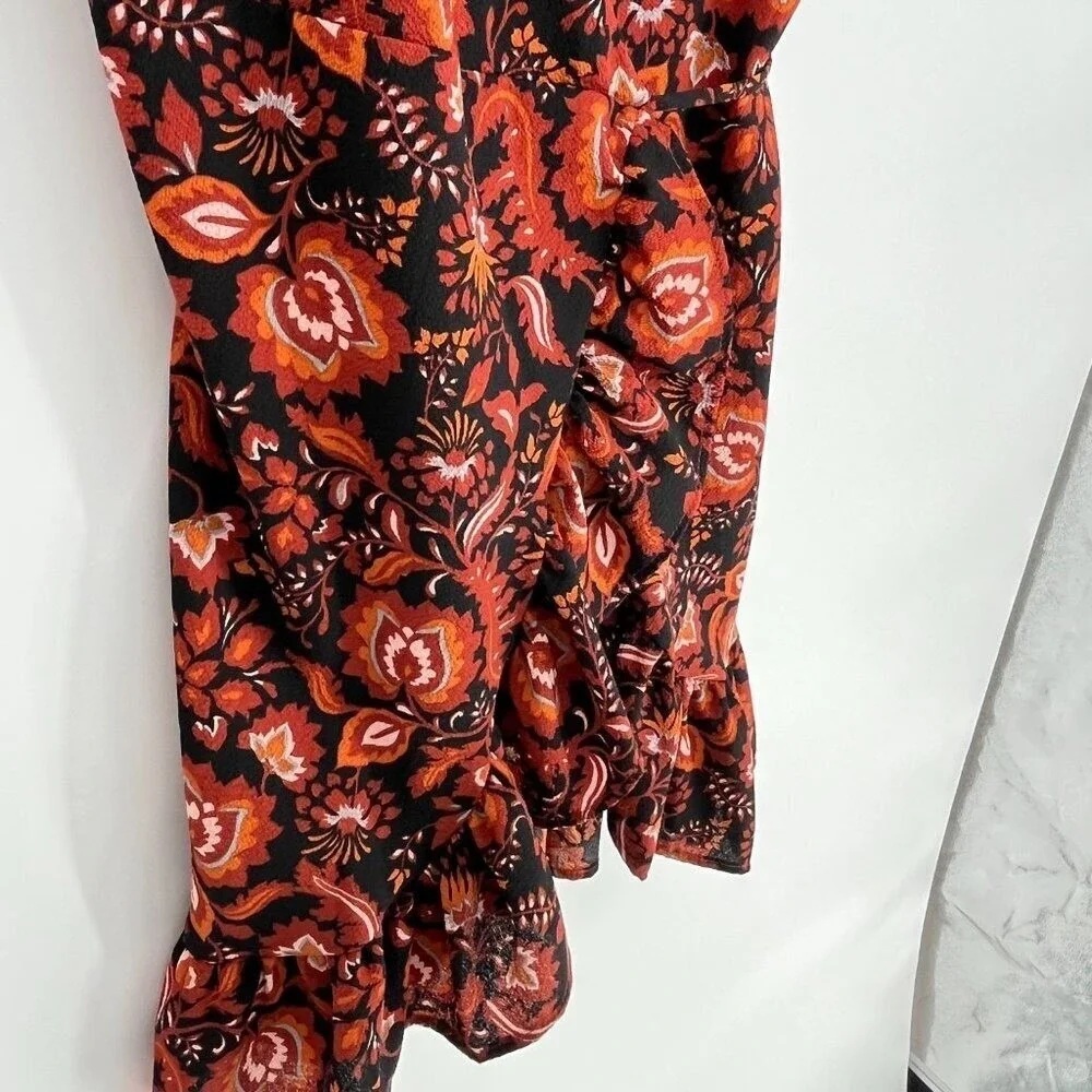 Free People Floral Faux Wrap Mini Dress Rust Orange Ruffle Hem XS OB810871
